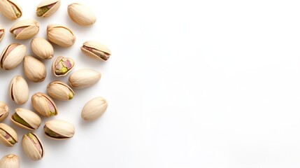Creamy beige pistachios on white background overhead shot