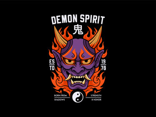Fierce Japanese Oni Demon Mask with Fiery Spirit Emblem, design t-shirt streetwear clothing, vector typography, perfect for modern apparel