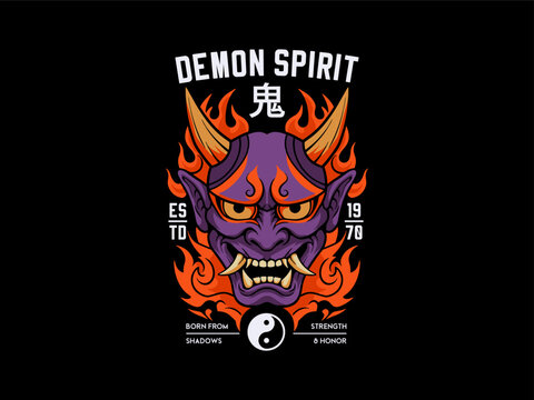 Fierce Japanese Oni Demon Mask with Fiery Spirit Emblem, design t-shirt streetwear clothing, vector typography, perfect for modern apparel