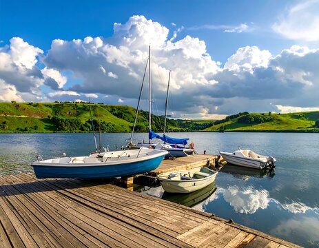 Lakeside dock with sailboats and small boats