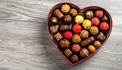 Heart shaped box of assorted chocolates on a rustic gray wood background, gift