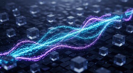 Abstract data flow with glowing waves and digital cubes