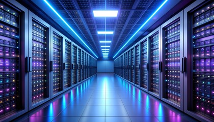 Futuristic server racks glowing in neon blue and purple