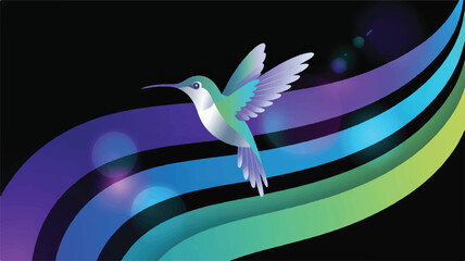 Fototapeta premium Vector art of hummingbird in flight with colorful rainbow background