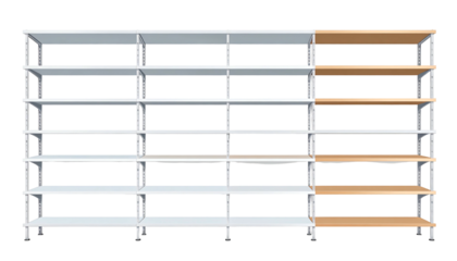 Modern shelving unit with multiple shelves for storage and display.