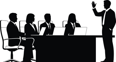 Business meeting silhouette vector with presenter and seated team, black and white illustration, corporate communication, teamwork concept artwork