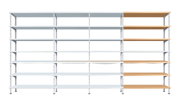 Modern shelving unit with multiple shelves for storage and display.