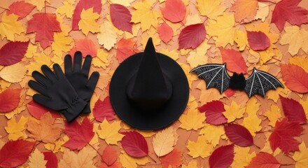 Halloweenthemed photo featuring gloves, hat, bat, and autumn leaves. Perfect for spooky october designs, fall promotions, seasonal content.