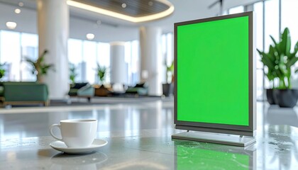 Fototapeta premium A coffee cup sits near a green screen display within a modern, bright lobby.