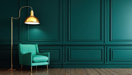 A stylish teal armchair, illuminated by a gold floor lamp, sits elegantly in a room with deep teal paneled walls and a light wooden floor.