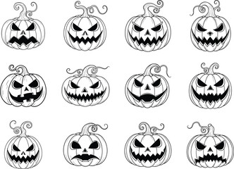 Set of twelve jack‑o’-lantern pumpkin faces with spooky expressions, Halloween carved pumpkin vector illustration for horror, decoration, and design