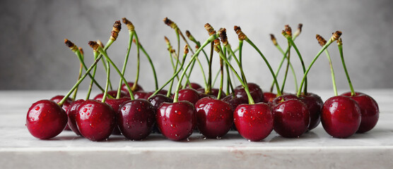 Close up of a group of fresh red cherries with green stems on a white marble surface against gray background