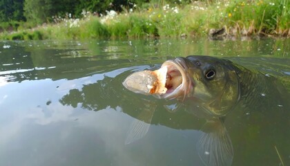 Close up shot of a fish swallowing bread in murky water against a grassy bank
