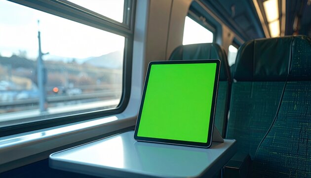 A tablet with a green screen sits on a train table next to a window.