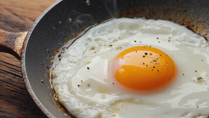 A sunny side up egg with pepper in a frying pan on a wooden surface in a close up shot view