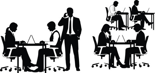 Obraz premium Office workspace silhouette vector with professionals at desks and laptops, black and white illustration, business communication and teamwork concept