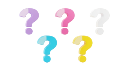 Five Colorful Question Marks in a Row isolated on a transparent background symbol punctuation