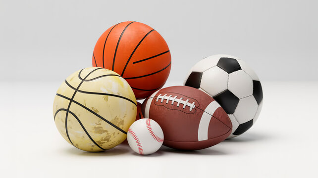 A product photography shot of various sports balls arranged on a pure white background