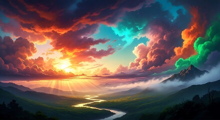 Dramatic Sunset over Misty Mountains with a Winding River and Colorful Clouds