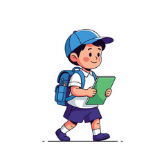 Cartoon Boy Walking to School with Backpack and Book Smiling.