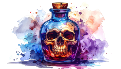 Skull in a Bottle Watercolor Fantasy Art.