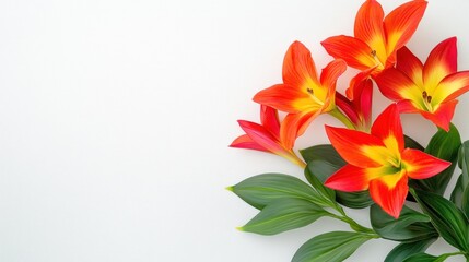 Vibrant orange lilies and green leaves on white background