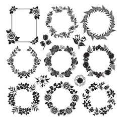 Collection of decorative floral wreaths and borders featuring roses and leaves in black silhouette isolated on transparent background
