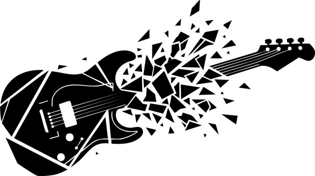 Dynamic electric guitar exploding into vibrant geometric shards, representing musical energy and creative explosion, perfect for rock concerts and music promotion