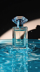 Perfume bottle with crystal cap sitting in water with splashes against a dark background scene setting