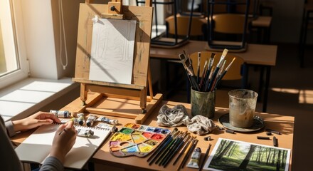 Artist's Workspace: Sunlit Still Life of Painting Supplies