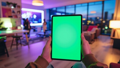 A person holds a tablet with a green screen, showcasing a modern living room interior.
