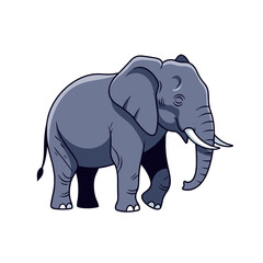 Cartoonstyle grey elephant with white tusks walking forward.