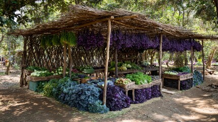 Organic farm stall with violet vegetables under shade canopy