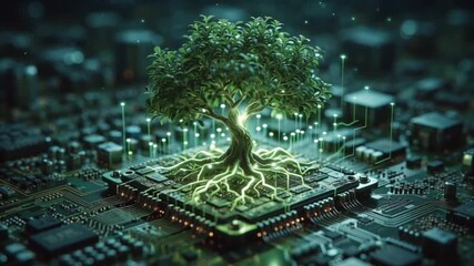 The symbiosis of nature and digital innovation, a glowing tree emerging from a complex computer processor chip, representing sustainable green technology - Powered by Adobe