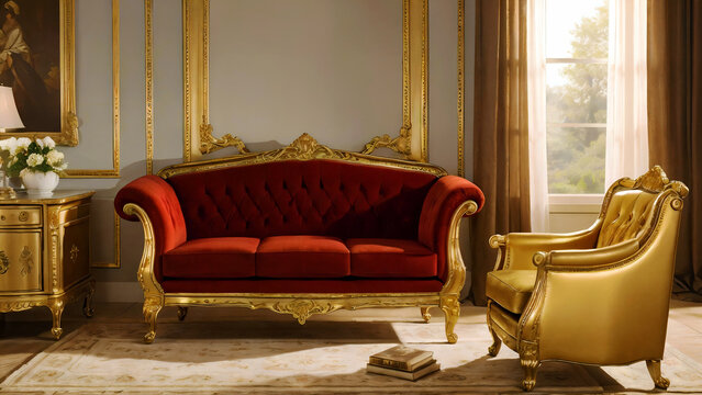 Vintage baroque gold sofa luxury red armchair isolated or Gilded antique royal couch in victorian style.