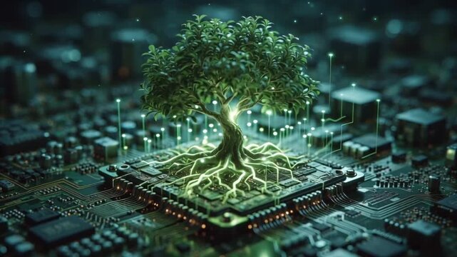 The symbiosis of nature and digital innovation, a glowing tree emerging from a complex computer processor chip, representing sustainable green technology