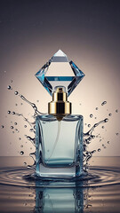 Elegant perfume bottle with diamond shaped cap and water splash on a reflective surface