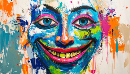 Vibrant abstract portrait of a smiling face, painted with bold colors and expressive brushstrokes.