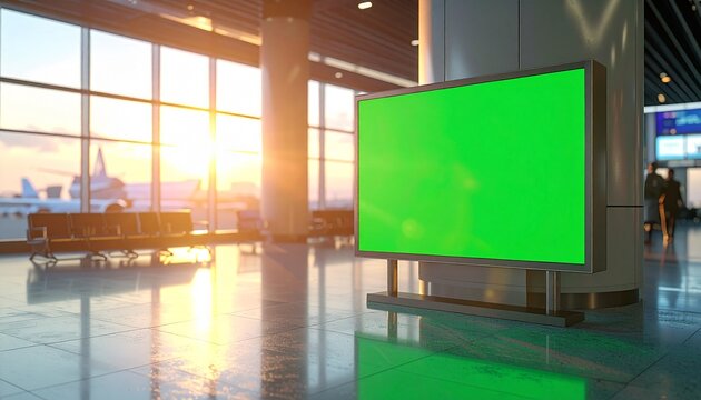 Bright airport terminal interior with a green screen display and a setting sun.