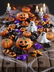 Spooky Halloween Still Life with Jack-o'-Lanterns and Ghosts