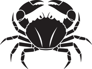 Stylized crab silhouette vector with raised claws and symmetrical pose, black and white illustration, marine animal graphic design artwork