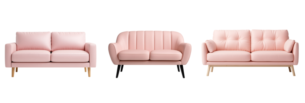 set of modern soft pastel pink sofa isolated on transparent background	