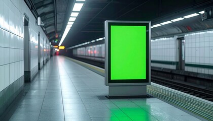 Empty subway platform with a green screen advertisement display ready for content.