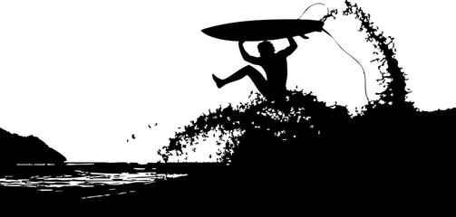 Dynamic surfer catches massive wave performing aerial maneuver with spray exploding around them © Vectors Studio