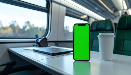 Interior of a train carriage featuring a smartphone with a green screen, a coffee cup, and a laptop.