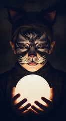 Child transformed into a magical cat holds a mysterious glowing orb in a dark mystical setting, perfect for fantasythemed designs.