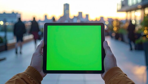 A person holding a tablet with a green screen, overlooking a city skyline during sunset. - Powered by Adobe