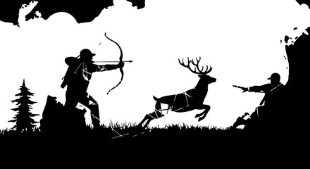 Dynamic hunter aims bow at leaping stag in wilderness scene, capturing primal pursuit and outdoor adventure vibes © Vectors Studio