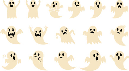 Cartoon ghost collection with different emotions and expressions, spooky Halloween character set vector illustration for decoration, design, and celebration themes