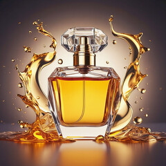 Elegant perfume bottle with golden liquid splash showcasing luxury and sophistication on a reflective surface